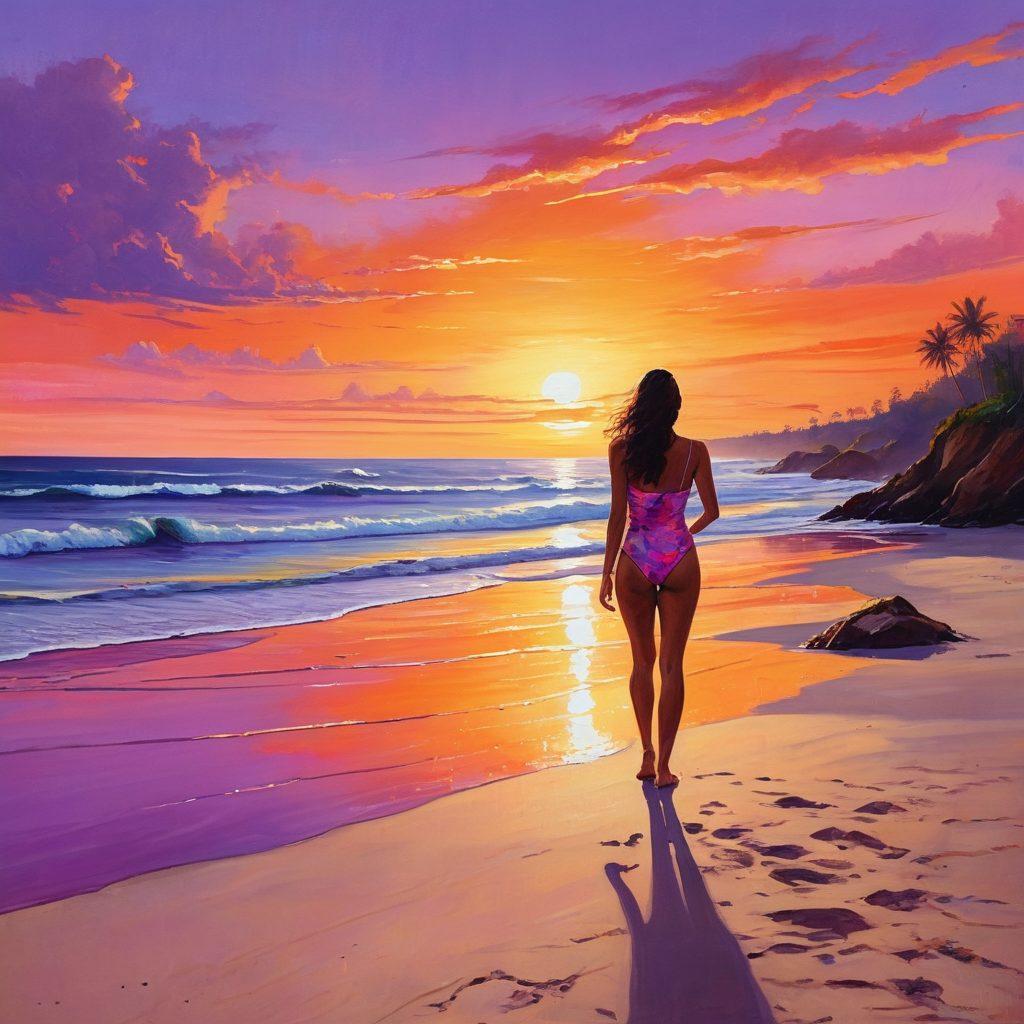 A serene beach setting with a vibrant sunset backdrop, featuring a group of friends confidently wearing stylish swimwear while enjoying a digital-free day. The scene highlights them blissfully interacting with nature, juxtaposed against a shadowy figure holding a phone in the distance, symbolizing telemarketing nuisances. Emphasize bright colors and joyful expressions of freedom. painting. vibrant colors. idyllic beach atmosphere.