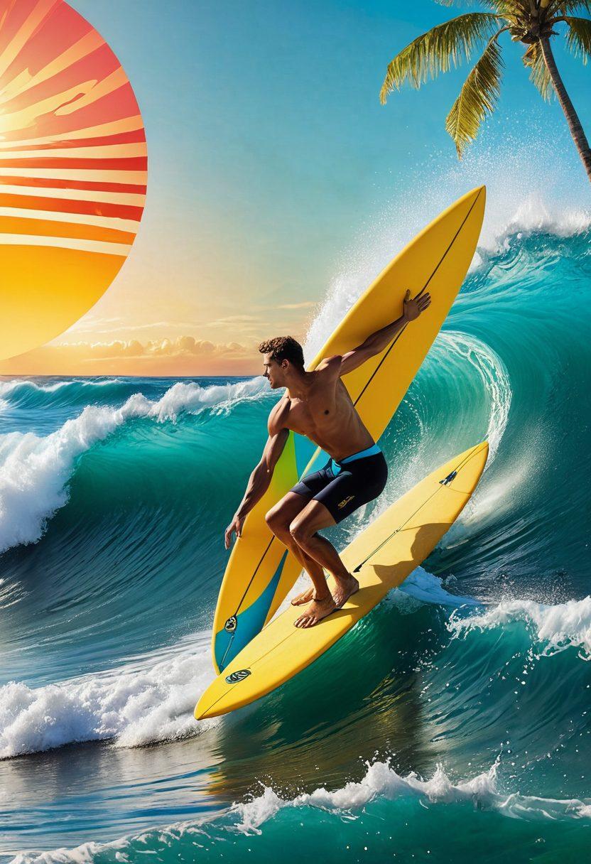 A vibrant, beach-themed collage featuring a person surfing on a digital wave made of colorful swimwear items, while a giant spam call symbol is being surfed past. Bright sun and ocean in the background, with laptop and smartphone elements subtly integrated. The scene conveys a fun, carefree vibe with a hint of caution against spam. super-realistic. vibrant colors. playful style.